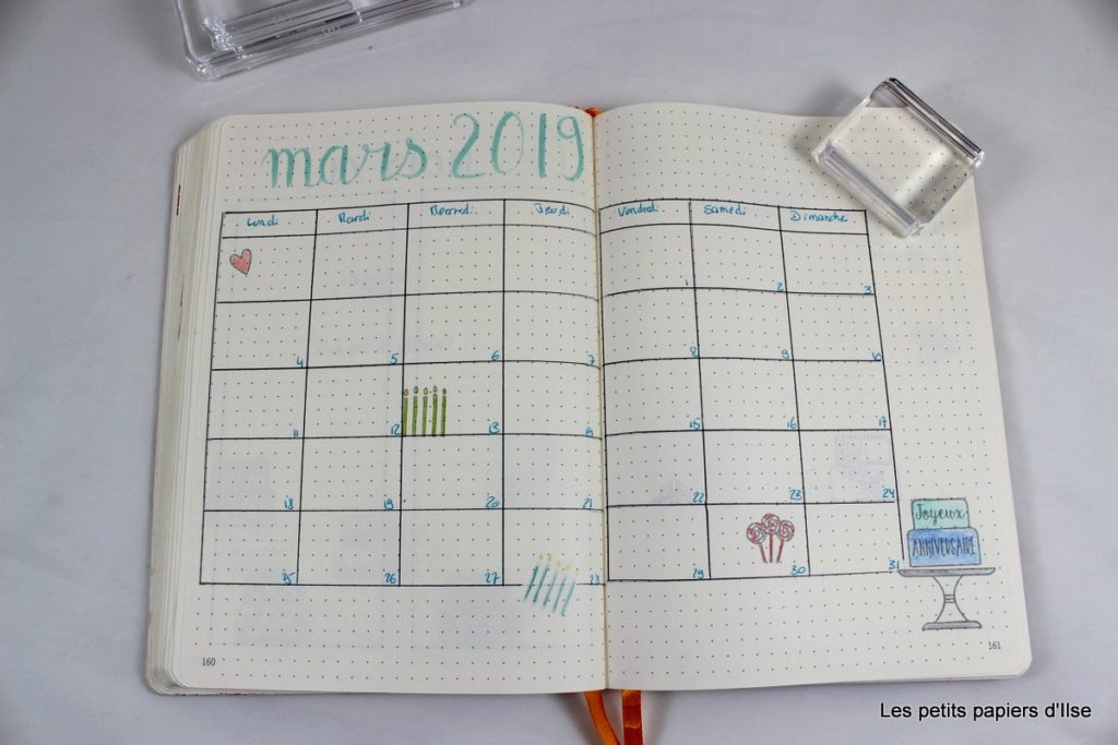 Photo du calendrier de mon bujo de mars